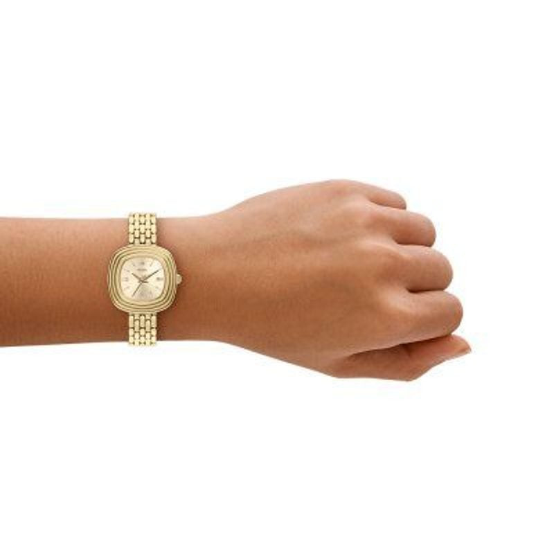 Montre Analogique FOSSIL Collection Genevieve bracelet acier doré portée au poignet dans un cadre él