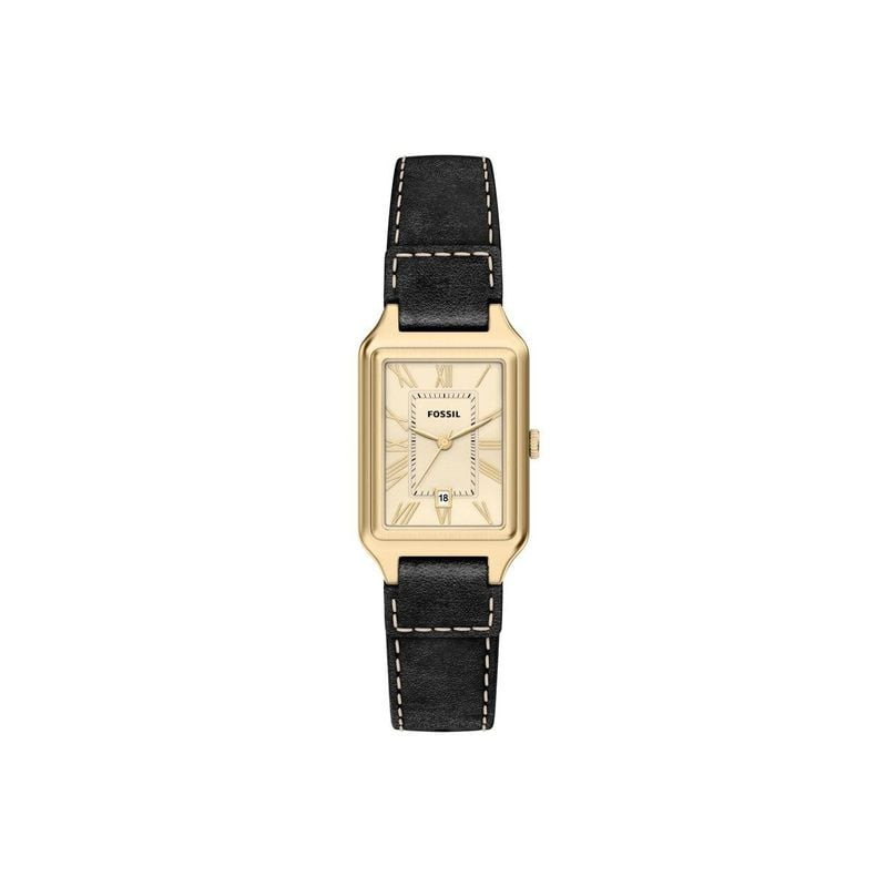 Packshot montre FOSSIL Raquel à bracelet cuir noir et boîtier doré, cadran crème