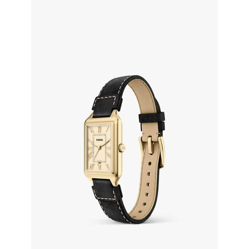 Vue inclinée de la montre Fossil Raquel ES5505 dorée, bracelet en cuir noir, doublure beige et boucl