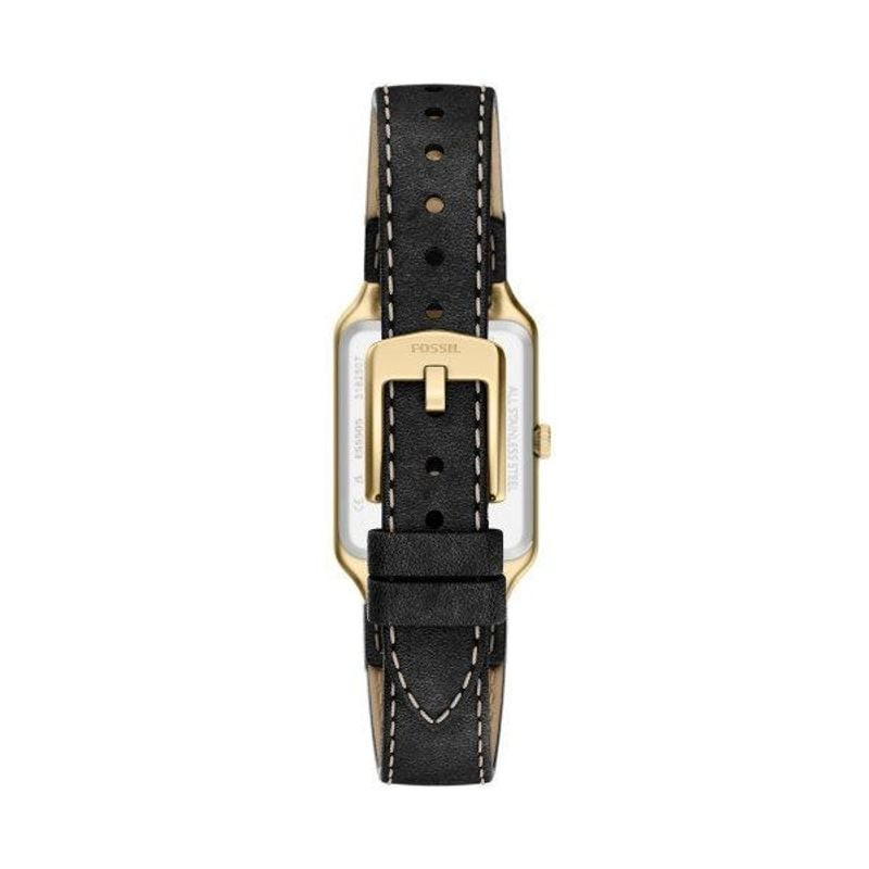 Vue arrière verticale de la montre Fossil Raquel ES5505, fond doré, bracelet noir surpiqué et boucle