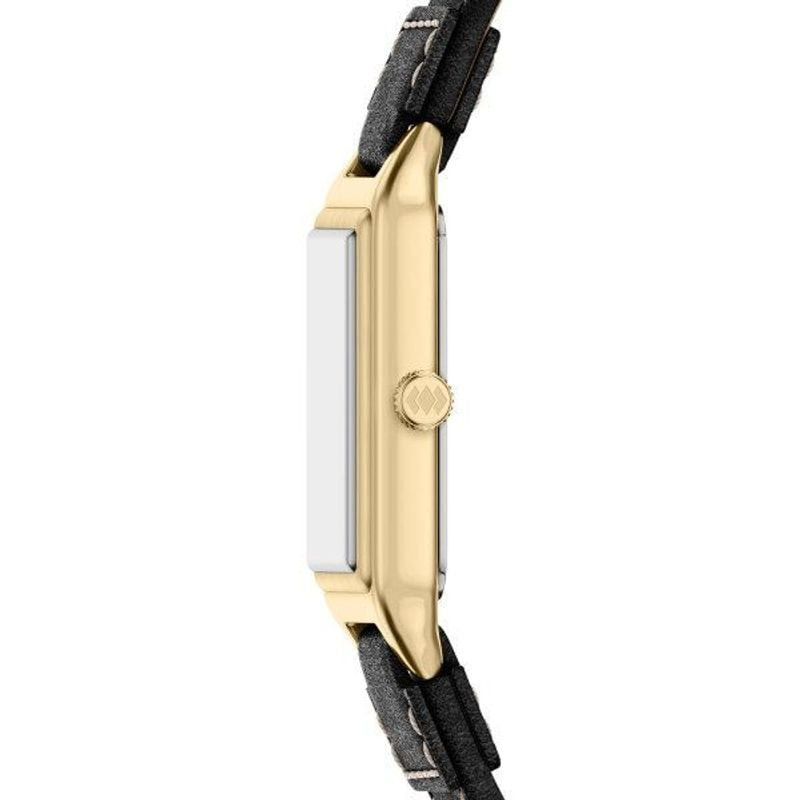 Profil latéral du boîtier rectangulaire doré de la Fossil Raquel ES5505, couronne et fin bracelet no