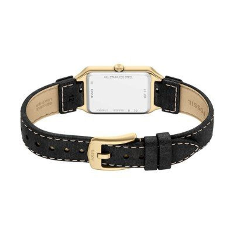 Montre analogique FOSSIL collection Raquel à bracelet cuir noir, boîtier doré rectangulaire et cadra