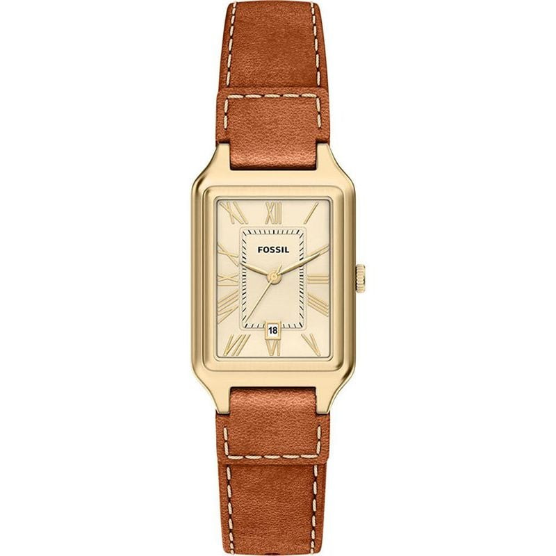 Montre Analogique FOSSIL Collection Raquel bracelet cuir marron, vue packshot sur fond neutre.