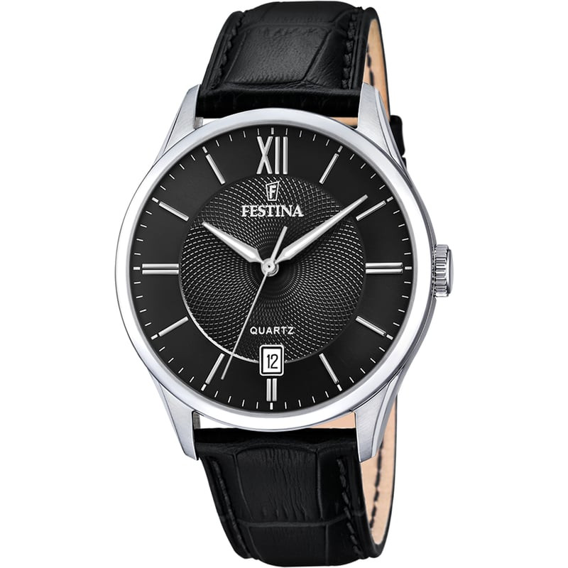 Montre homme Festina Classics quartz : boîtier acier inoxydable, cadran noir texturé avec date, brac