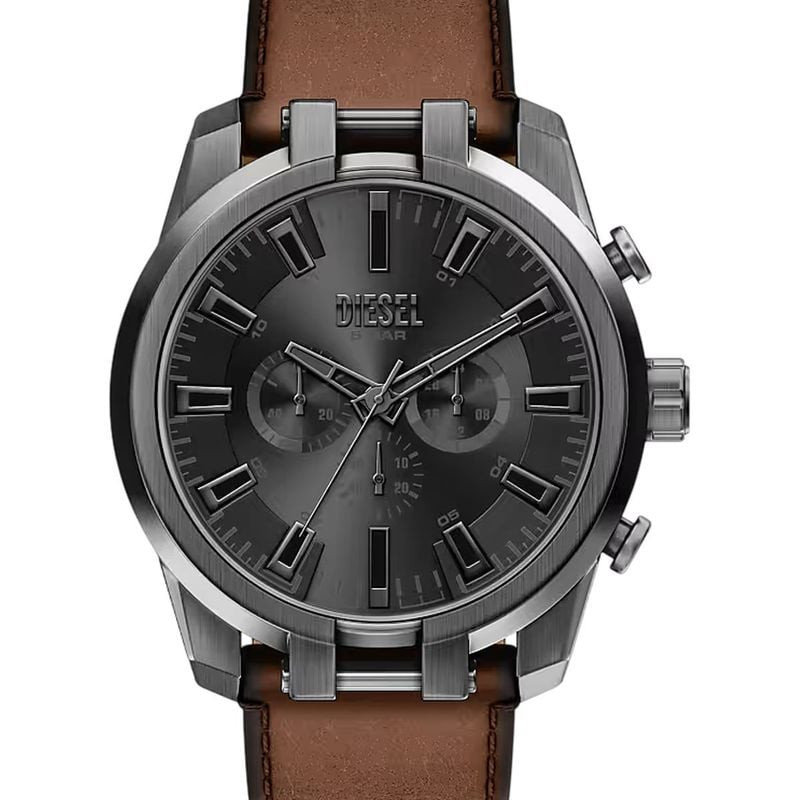 Gros plan sur le cadran chronographe Diesel Split DZ4729, finition soleil grise, trois compteurs et 