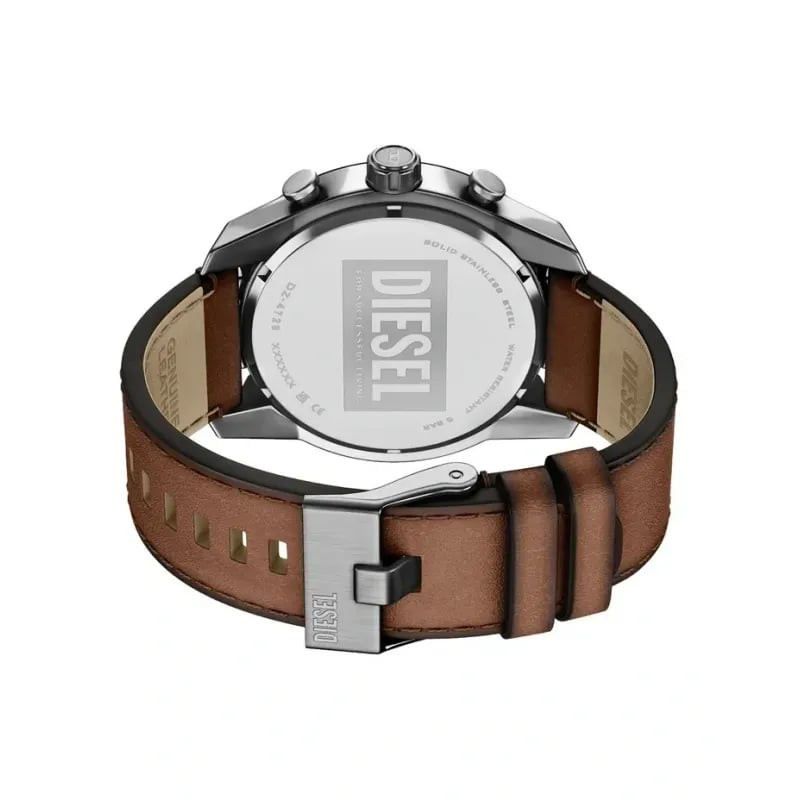 Vue arrière de la montre Diesel Split DZ4729 avec fond de boîtier en acier gravé et bracelet en cuir