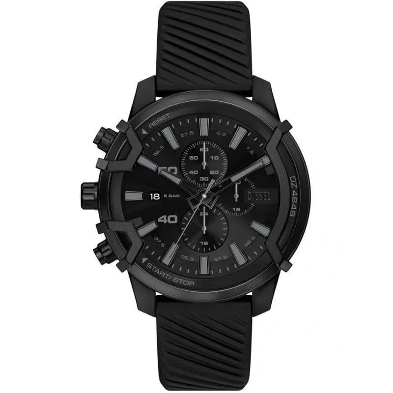 Montre chronographe homme Diesel Griffed DZ4649, cadran noir soleillé, bracelet silicone noir, boîti