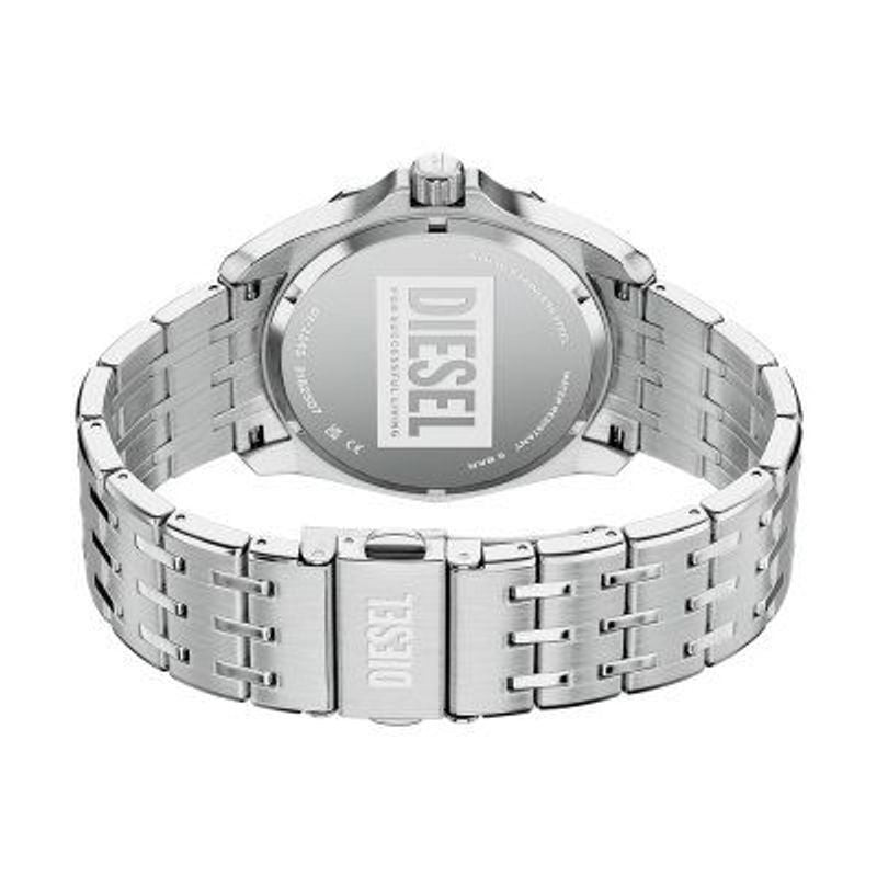 Vue arrière de la montre Diesel Stinger DZ2245 avec fond gravé DIESEL et bracelet en acier