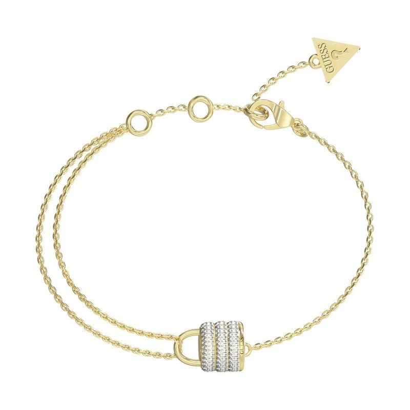 Bracelet Guess My Secret pour femme en acier doré avec pendentif cadenas lapis-lazuli bleu et crista