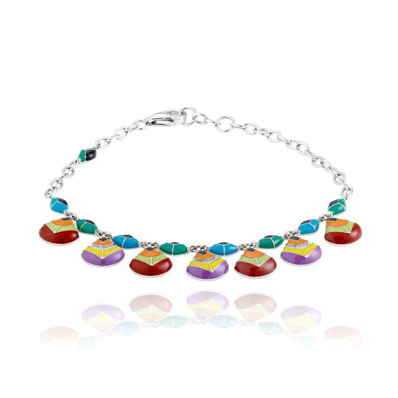 Bracelet UNA STORIA Plumes en argent 925 rhodié, pendentifs plumes de paon colorés sur fond blanc