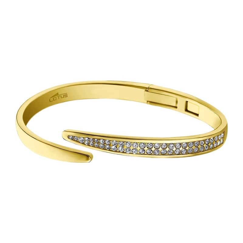 Bracelet jonc ouvert Lotus Style Bliss en acier inoxydable doré, cristaux pavés et fermoir à charniè
