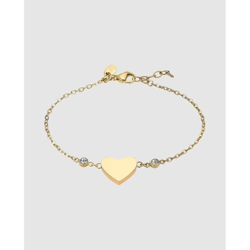 Bracelet en acier inoxydable doré avec breloque cœur polie, cristaux et fermoir à mousqueton sur fon