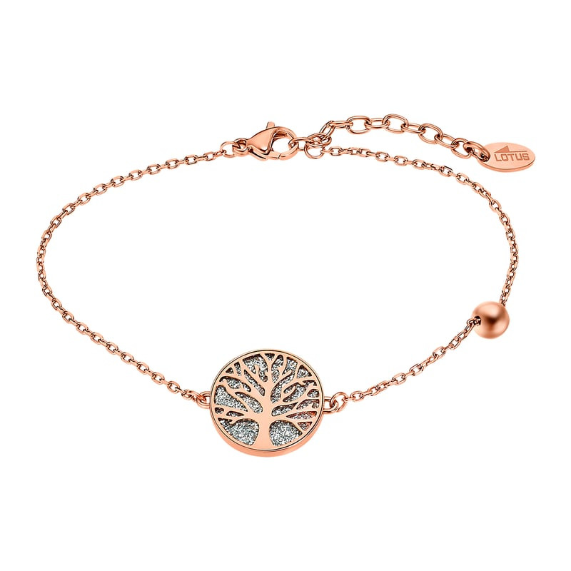 Bracelet en acier inoxydable doré rose avec médaillon Arbre de Vie et oxydes de zirconium sur fond b