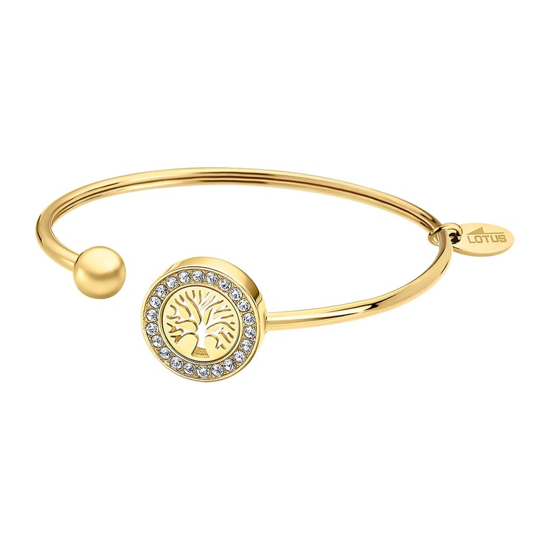 Bracelet jonc Lotus Style en acier inoxydable doré, motif Arbre de Vie et médaillon halo de cristaux
