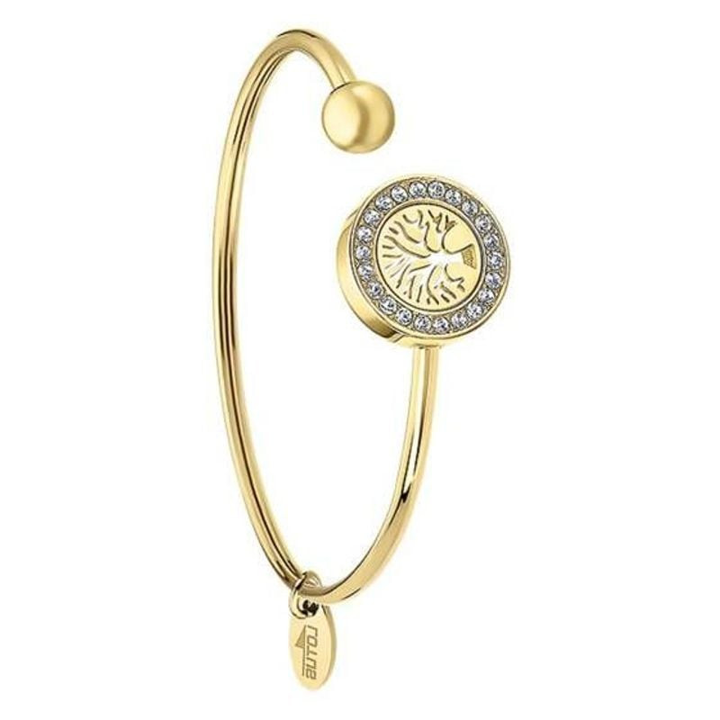 Bracelet jonc ouvert Lotus Style acier inoxydable doré, médaillon Arbre de Vie, cristaux et breloque