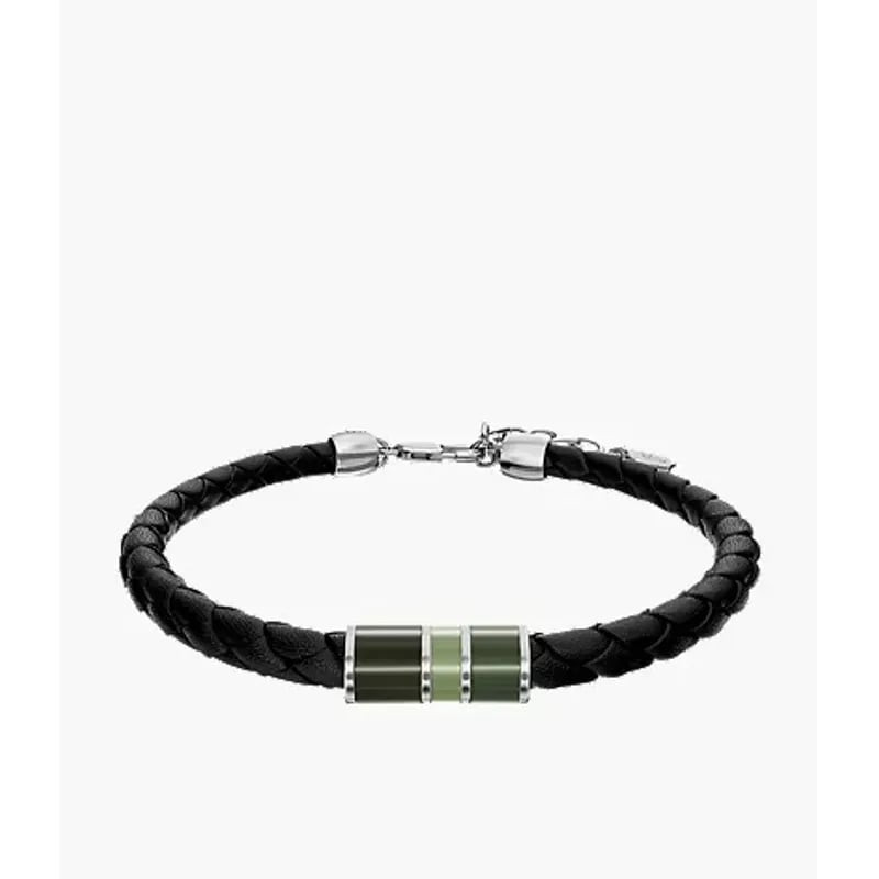 Bracelet homme Fossil Everett en cuir tressé noir avec centre en acier et émail vert, vue de face co