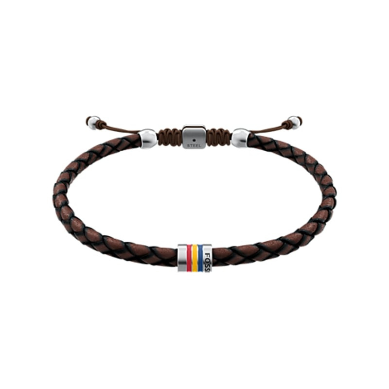 Bracelet tressé FOSSIL Everett cuir marron acier argenté, packshot sur fond blanc