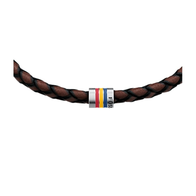 Détail du Bracelet tressé FOSSIL Everett cuir marron acier argenté : cuir tressé et acier avec rayur