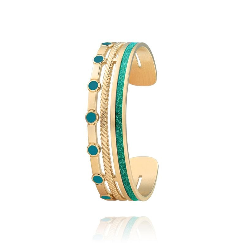 Bracelet manchette Couronne Louise's Garden, lignes dorées, incrustation vert lagon et cabochons tur