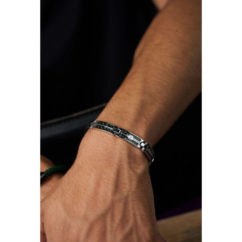 Bracelet double rangs PHEBUS DIAMANT acier argenté vert porté au poignet, style décontracté et éléga
