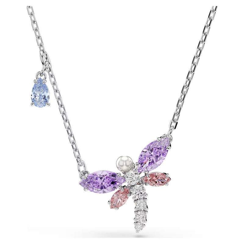 Collier Swarovski Ariana Grande Motif Libellule Plaqué Rhodium Rose et Violet, vue packshot sur fond