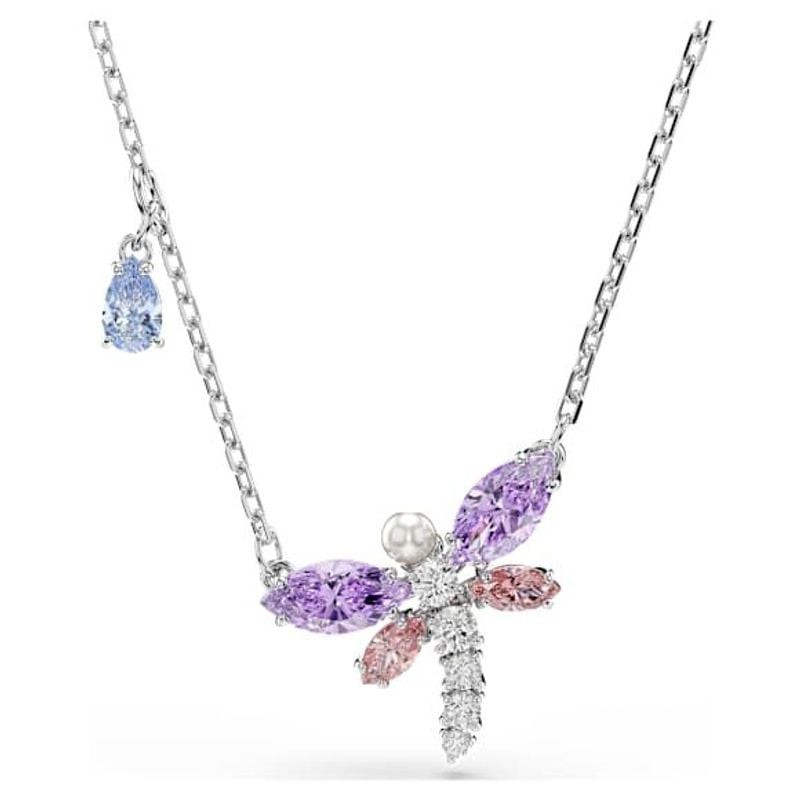 Packshot du Collier Swarovski Ariana Grande Motif Libellule Plaqué Rhodium Rose et Violet