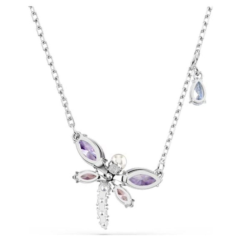 Collier Swarovski Ariana Grande Motif Libellule Plaqué Rhodium Rose et Violet sur fond blanc