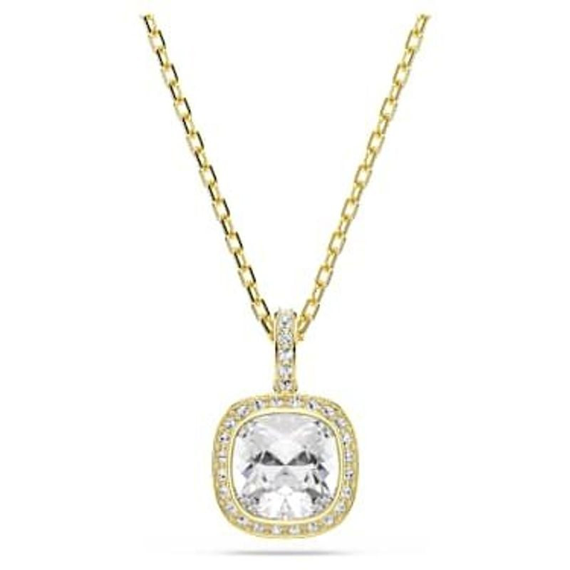 Collier Swarovski Una Coussin Cristal Blanc Doré, pendentif plaqué or 18 carats sur fond blanc