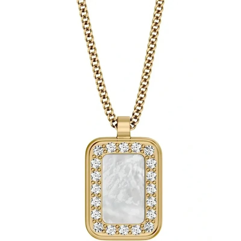 Collier Fossil Raquel Pendentif Rectangulaire Acier Doré, packshot sur fond neutre
