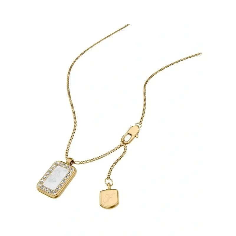Collier Fossil Raquel Pendentif Rectangulaire Acier Doré, pendentif nacre et cristaux sur packshot.