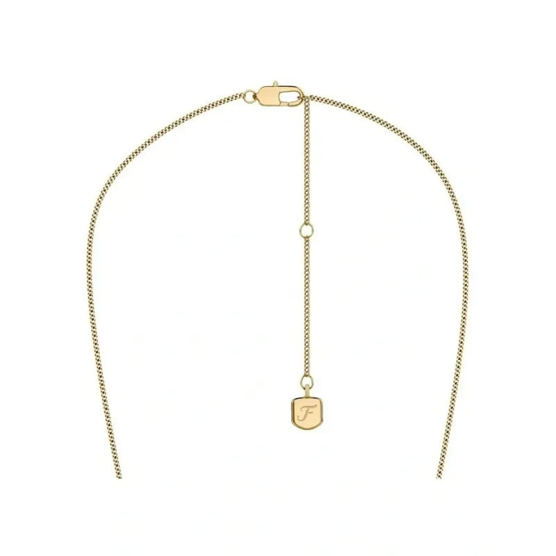 Packshot du Collier Fossil Raquel Pendentif Rectangulaire Acier Doré, pendentif nacre et cristaux
