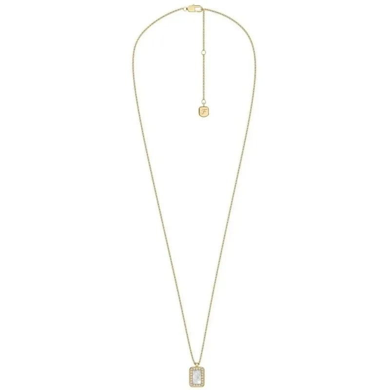 Packshot du Collier Fossil Raquel Pendentif Rectangulaire Acier Doré avec pendentif nacre et cristau