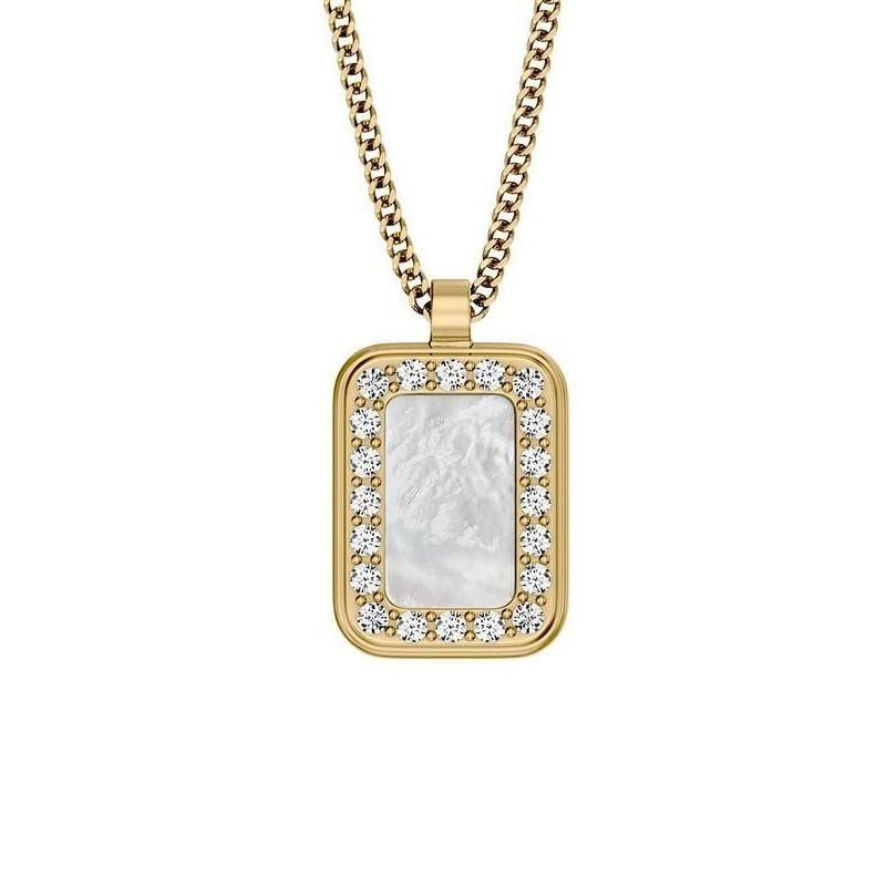 Collier Fossil Raquel Pendentif Rectangulaire Acier Doré, pendentif nacre et cristaux, vue packshot