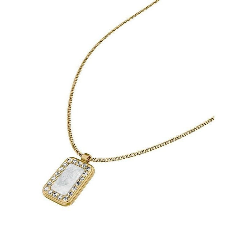 Collier Fossil Raquel Pendentif Rectangulaire Acier Doré avec nacre blanche et cristaux, vue packsho