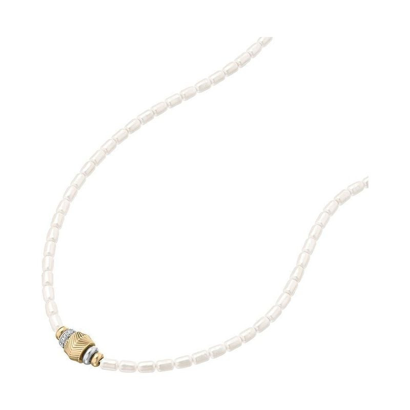 Collier Fossil Harlow Perles Blanc Acier Bicolore, détail des perles et de l'acier bicolore.