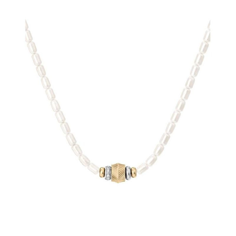 Détail du Collier Fossil Harlow Perles Blanc Acier Bicolore, fermoir mousqueton et finition polie.