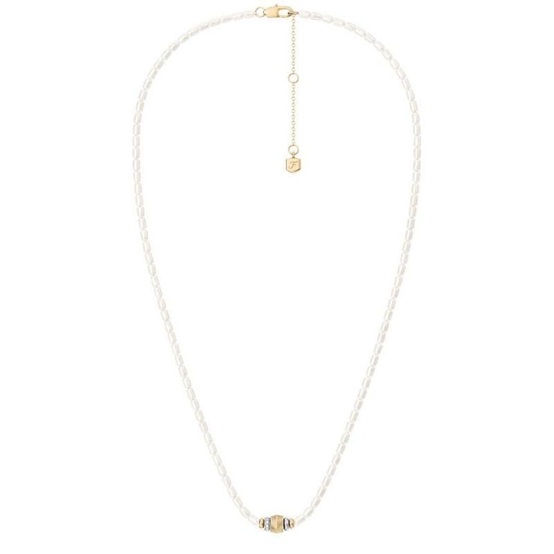 Packshot du Collier Fossil Harlow Perles Blanc Acier Bicolore sur fond blanc.