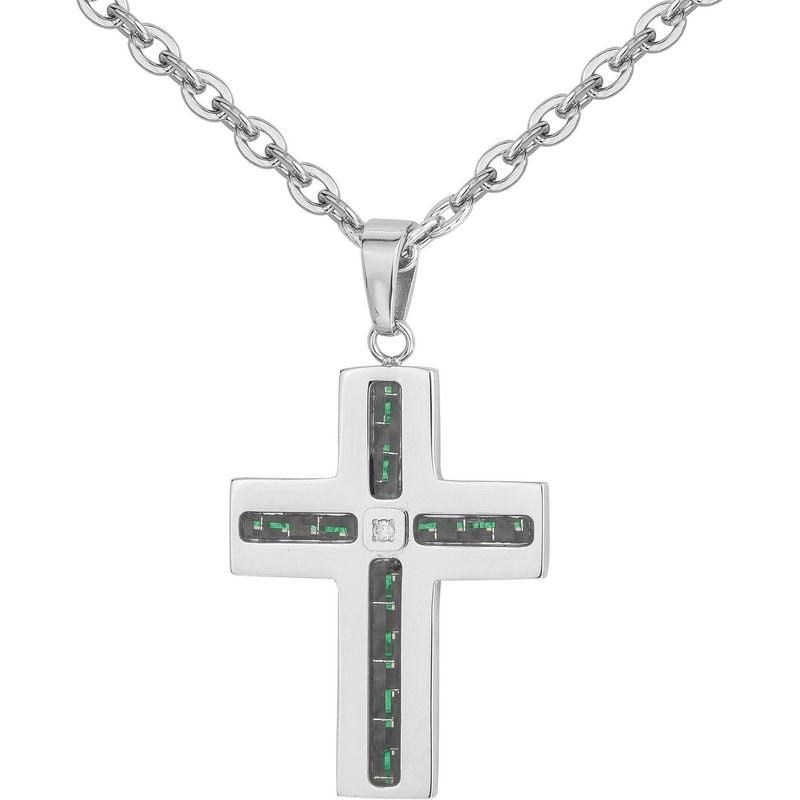 Collier homme PHEBUS en acier inoxydable 316L, pendentif croix graphique, émail vert et diamant 0,01