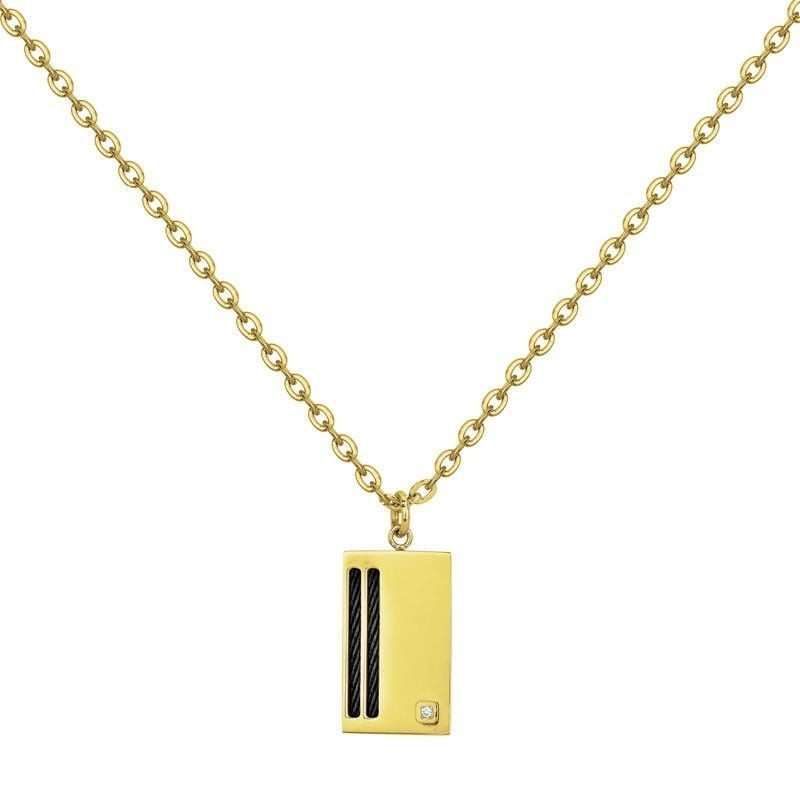 Vue complète du collier homme PHEBUS Diamant en acier doré avec pendentif rectangulaire câble noir e