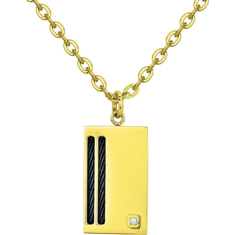 Gros plan du pendentif PHEBUS en acier doré, câble noir et diamant 0,015 carat