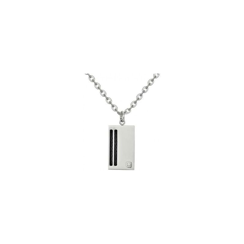 Collier homme Phebus Damien en acier avec pendentif rectangulaire câble noir et diamant 0,015 carat,