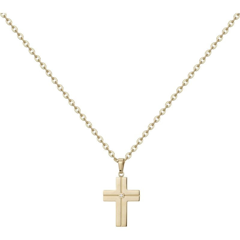 Collier pendentif croix en acier inoxydable doré avec un diamant de 0,015 carat, sur fond blanc.