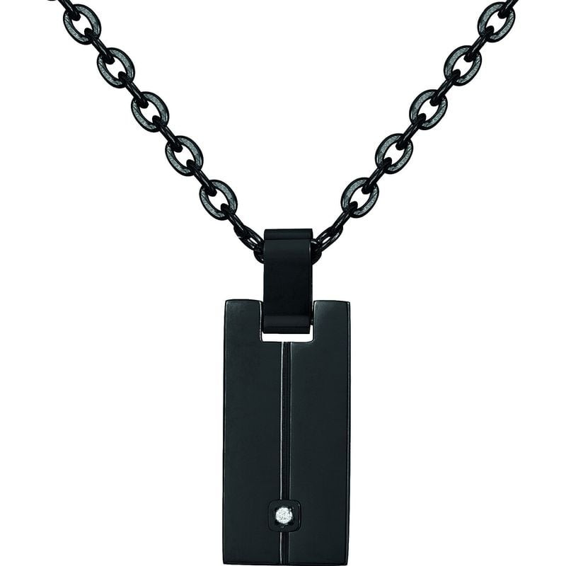 Collier PHEBUS Diamant en acier noir, chaîne et pendentif rectangulaire serti d'un diamant