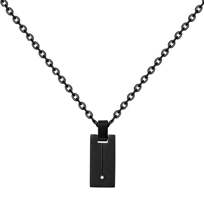 Vue complète du collier PHEBUS Diamant en acier noir, chaîne forçat et pendentif diamant