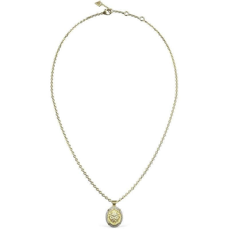 Collier Guess Lioness Queen en acier doré, vue complète, pendentif tête de lionne ovale et fermoir m