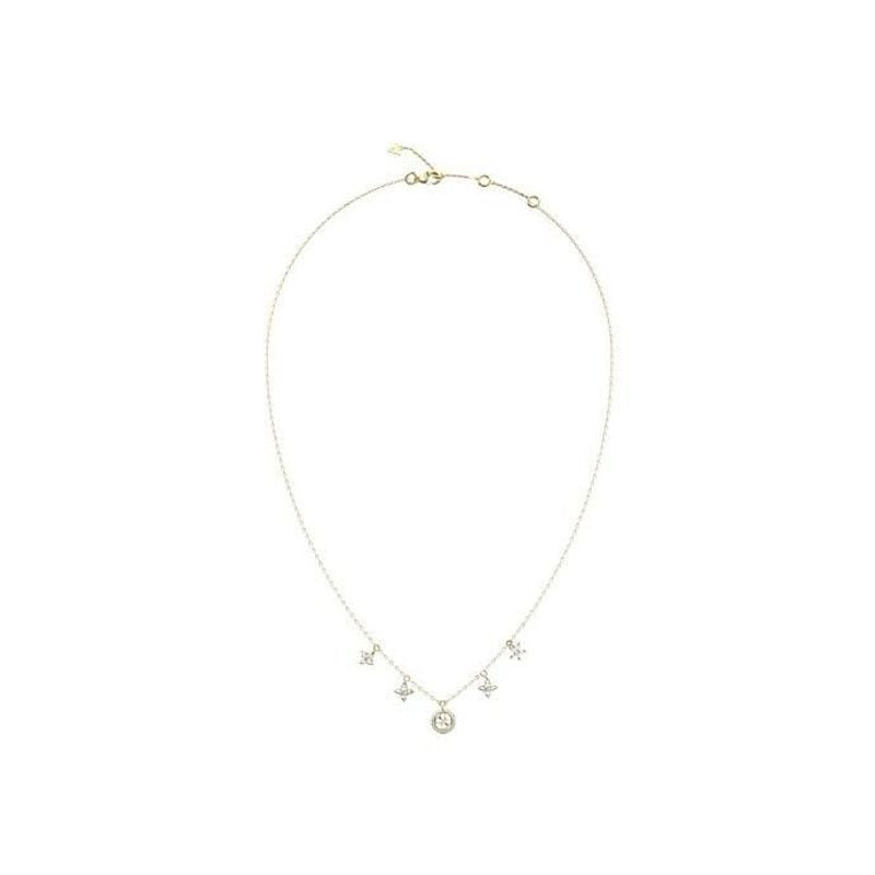 Packshot du collier GUESS Secret Garden en acier doré avec pampilles blanches et chaîne ajustable su