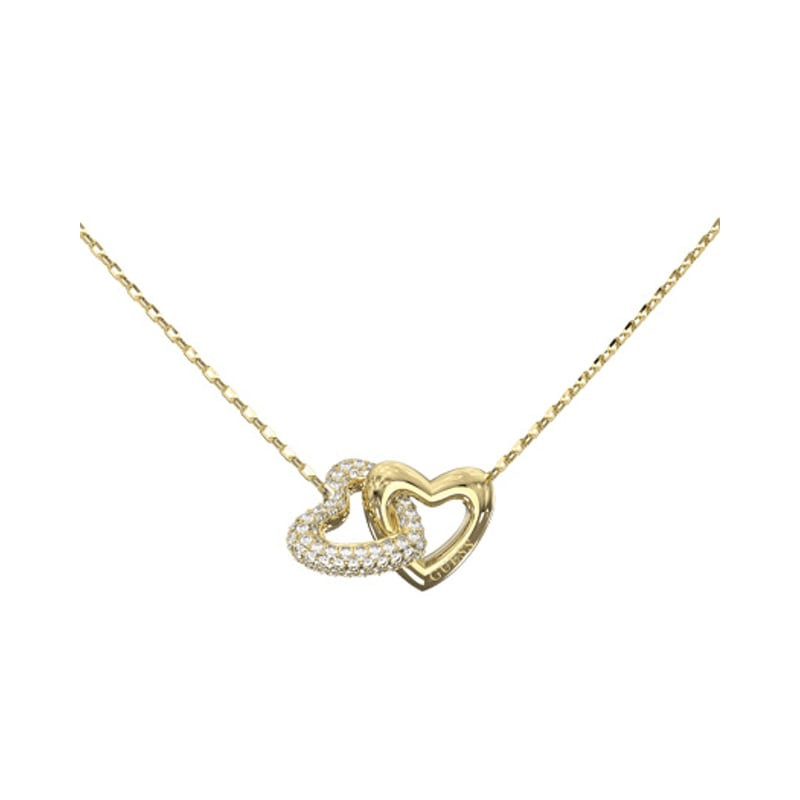 Collier en acier inoxydable doré avec deux cœurs entrelacés, dont un pavé de cristaux, sur une chaîn