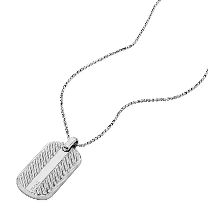 Packshot du Collier Fossil Knox Pendentif Plaque Acier Argenté, pendentif dog tag en acier inoxydabl