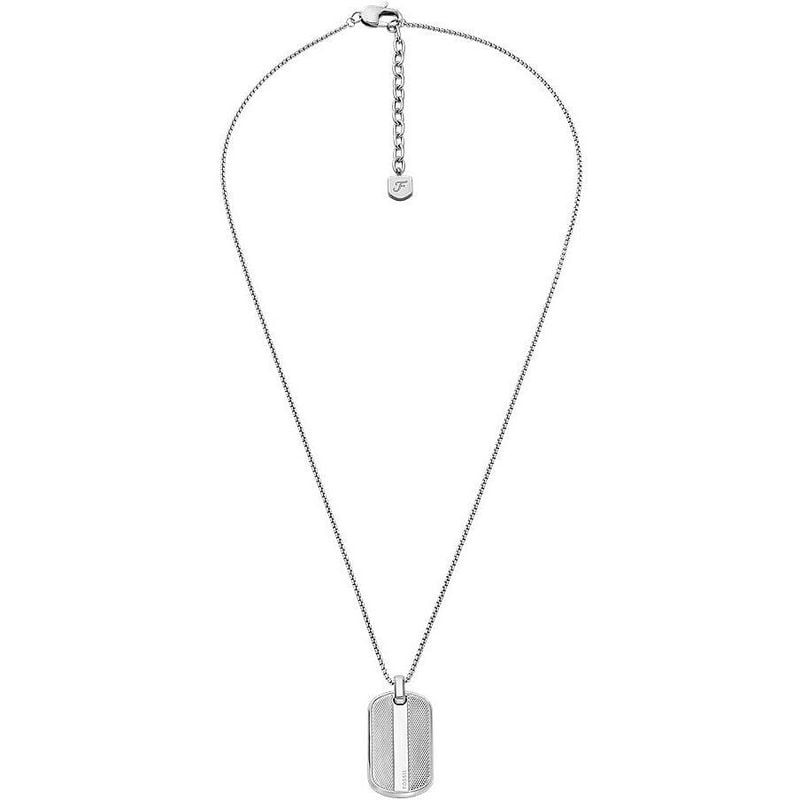 Collier Fossil Knox Pendentif Plaque Acier Argenté, pendentif dog tag moleté sur chaîne box