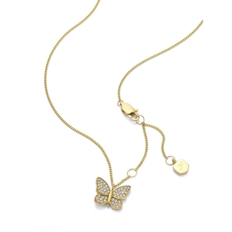 Collier Fossil Sutton avec fermoir mousqueton, chaîne d'extension et pendentif papillon à cristaux